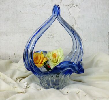 Italian Blue Bowl Dish Centerpiece Basket era Murano Seguso Art Glass
