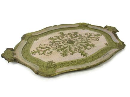 Large Mid Century Italian Hollywood Regency Florentine Serving Tray Resin Pink