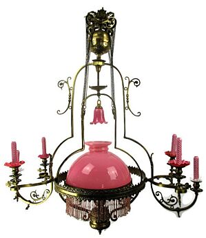 Huge Art Nouveau Gas Chandelier Lampe Belge Revival Opaline Shade Working WOW