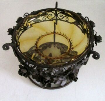 Antique Art nouveau Hammered Wrought Iron Vandeputte Centerpiece Amber Glass Bowl Basket