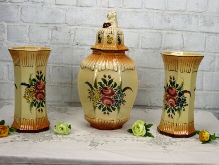 Garniture Mantle Set 2 Vases Matching Urn Porcelain Stoneware Foo Dog Rare