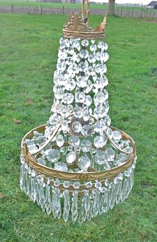 Vintage French Bag Basket Crystal Prisms Waterfall Chandelier