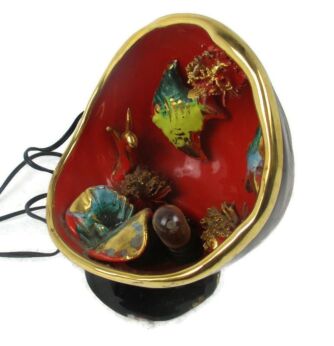 French Vallauris Nightstand Desk Lamp Trompe Eye Aquarium Shell Fish Working