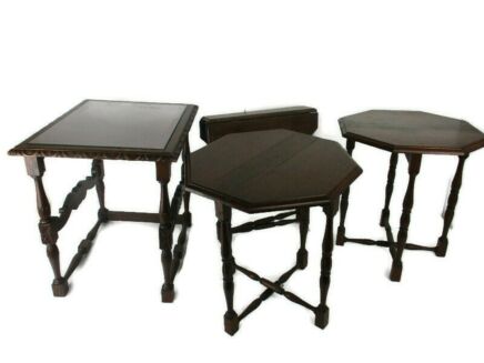 Set Wood Side Occasional Wine Coffee Table Pedestal Plant Stand pliable Set of 4 tables!! Barn Style 3 pliable nesting tables