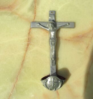 Antique Zamac Holy Water Font Crucifix Church Wall Hanging Cross belgium