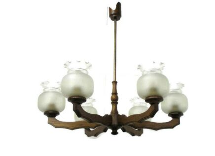 Architectural Art Deco lounge Chandelier Etched Glass Shades 6 Arms Lights Wood