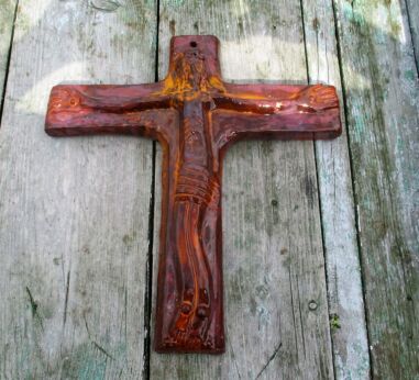 Large Mid Century Design Ceramic Modernist Crucifix Brown Glazed era amphora