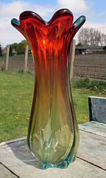 ON HOLD French Vintage Glass Vase swirled glass Tulip edge Red Blue Beautiful