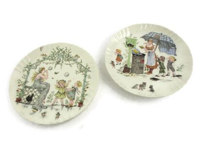 2 Sarreguemines Marked Sweet Story Plates Platte French Pottery Faience Majolica