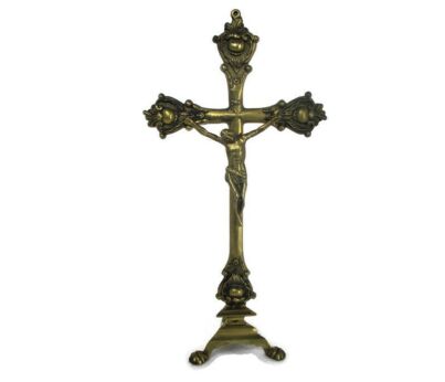 Brass Table Standing Crucifix Cross Jesus Christ Calvary Ornate Lion Feet 14.96"