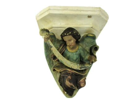 XL Antique Angel 1900 Church Altar Statue Wall Console Polychrome Plaster 19.6"