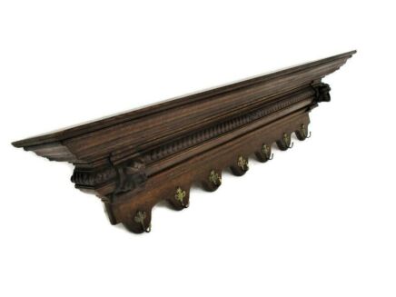 Hand Carved Wood Wall Shelf Coat Hat Kitchen Rack Breughel Figurines Antique