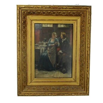 Oil Painting on Wood Framed Couple In Bar Victorian Scene Gorgeous Frame Signed
