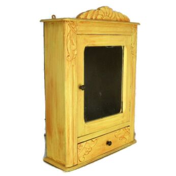 Vintage hand Carved Wood Medicine Wall Cabinet Apothecary Yellow Pediment Mirror