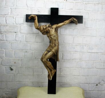 XL Wood Hanging Crucifix Plaster corpus Signed Van Der Meeren Very Dramatic