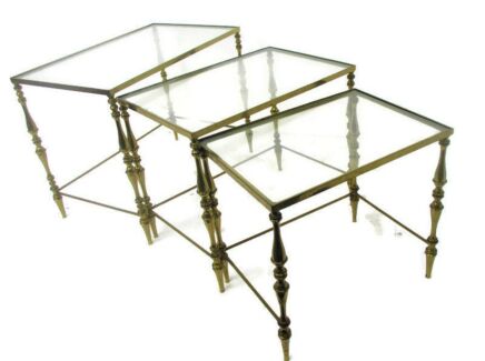 Vintage Nesting Stacking Coffee Side Tables Brass Clear Glass Hollywood regency
