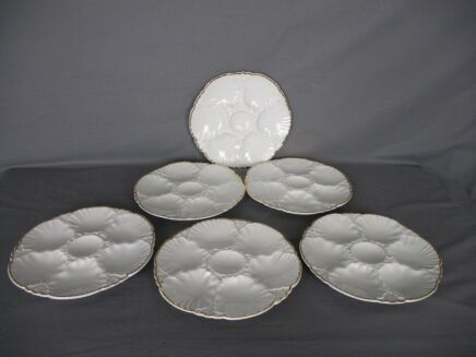 Set of 6 Oyster Plates Porcelaine de Baudour Cerabel White Gold Rim Belgium