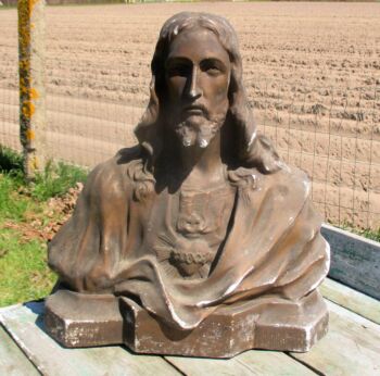 Vintage Authentic Jesus Christ Bust Holy Heart Plaster Statuette Chalk