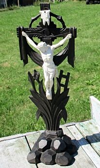 Antique Wooden Cross Table Standing Crucifix Tools of Passion Plaster Corpus