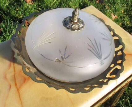 Vintage Small French Ceiling Lamp Fixture Plaffonniere Brass Etched Glass