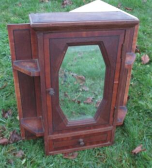 Antique French Wood Art Deco Bathroom Medicine Wall Cabinet Beveled Glass Inlay