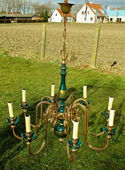Antique Italian Brass Chandelier Porcelain Flowers 3 lights