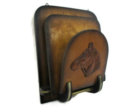Art Deco Wood Magazine Newspaper Basket Rack Wall Mount Hanging Horse HTF