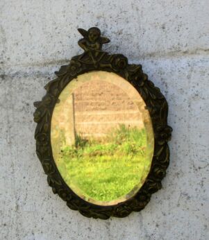 Beautiful Small Oval art brass Wall Hanging Beveled Glass Mirror putti