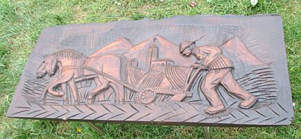 Large French Hand Carved Wood Panel Farmer Horse PLow Wall Panel Gorgeous