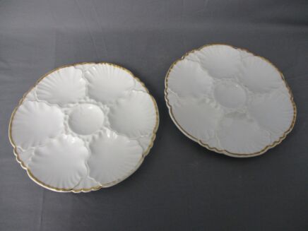 2 Oyster Plates Porcelaine de Baudour Cerabel White with Golden Rim Belgium 8.66"