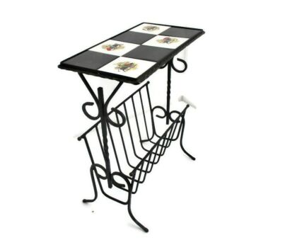 Vintage Mid Century Modern Magazine Newspaper Basket Rack Side Table Ceramic Tiles Spanish Bullfighter  Wrought Iron