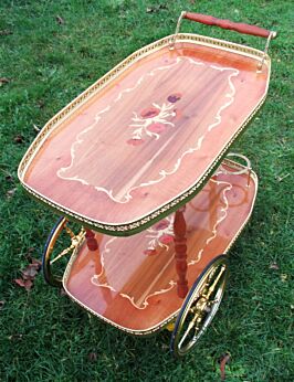 Bar Cart Italian Hollywood Regency Gold Chrome Wood Inlay Marquetry