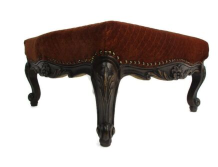 Antique Footstool Ottoman French Oak  Red Fabric Hobnails Stunning Carvings Antique Louis XV style