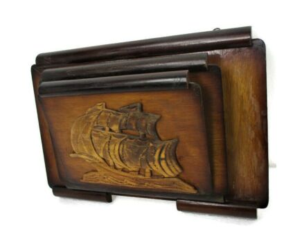 Art Deco Wood Magazine Newspaper Basket Rack Wall Mount Hanging Sailing Boat Ship HTF