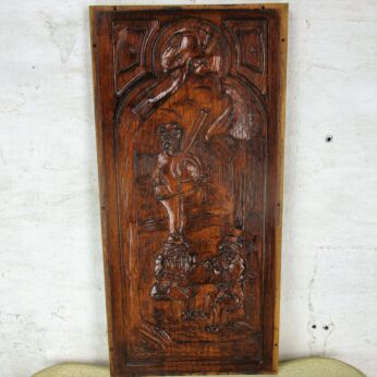 Vintage Hand Carved Wooden Wall Panel Plaque Reclaimed Brueghel Scene Musician