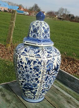 Vintage Delft Blue Porcelain Lidded Vase Urn Marked Blue White Floral Design