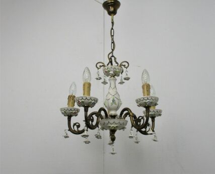 Vintage Chandelier 5 arm Lights Ornate Brass white Porcelain Flowers Romantic