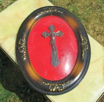 Beautiful Vintage Crucifix Oval Frame Red Velvet Dome Glass Carved Wood Frame