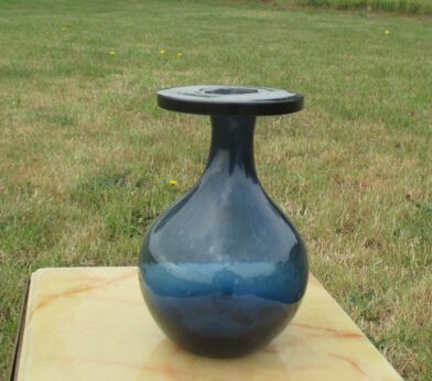 Vintage Blue Vase Mid Century Handblown Airbubbles glass