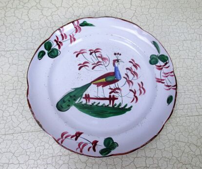 Antique French Faience Strasbourg Platter Luneville Peacock 18th - 19th C 9.05"