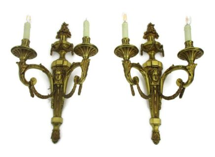 Pair Vintage Ornate Brass Wall Sconces Mazarin Faces Gilded Hollywood Regency