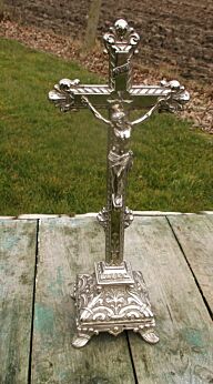 Antique Ornate Art Bronze Jesus Christ Standing Table Cross Crucifix 15.94"