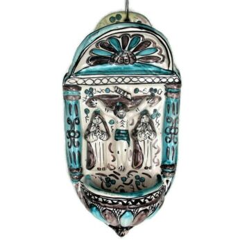 XL Holy Water Font Vintage Italian Ceramic Marked G. M.Blue WHite HTF 13.18"