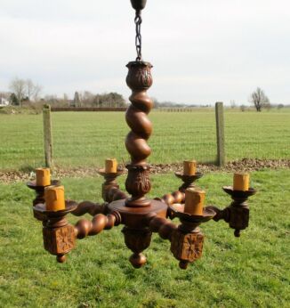 Antique Barley Twist Wooden Chandelier carved Wood 6 arm lamp