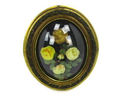 Oval Ornate Wooden Frame Convex Glass Yellow Flowers Large Beautiful Mid Century