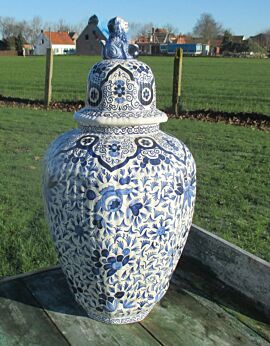 Vintage Delft Blue Porcelain Lidded Vase Urn Lion Marked Gorgeous Floral Design