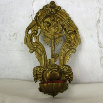 Large Brass Embossed Holy Water Font Angels Crucifix Cross Jesus Wall Hanging
