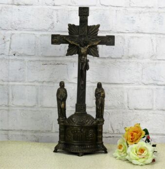 Vintage Ornate Brass Copper Standing Crucifix 4 Evangelists Calvary Emmaus 17.7"