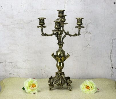 Large Bauhaus Vintage Brass Ornate 5 Arm Candle Holder Candelabra 15.74"