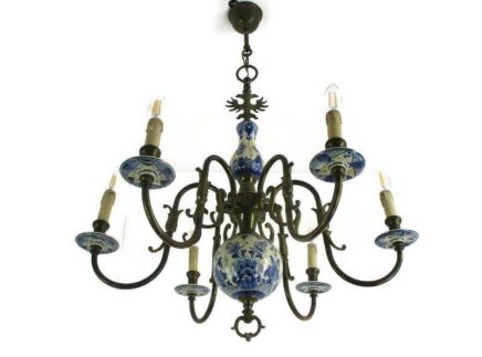 L Dutch Delft Blue White Chandelier Porcelain Ornate Brass 6 Light Arm Stunning